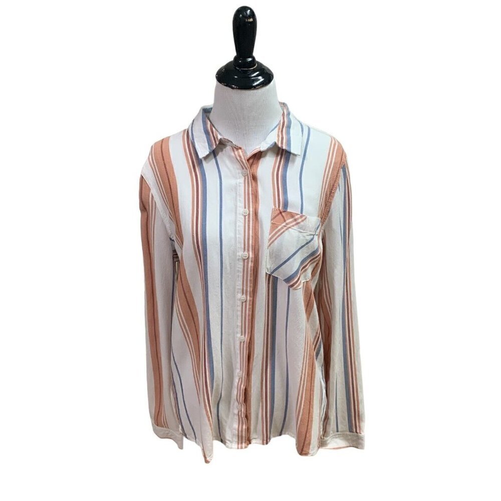 Pink Rose Women's L Large Button Down Blouse Long Sleeves Striped Lightweight